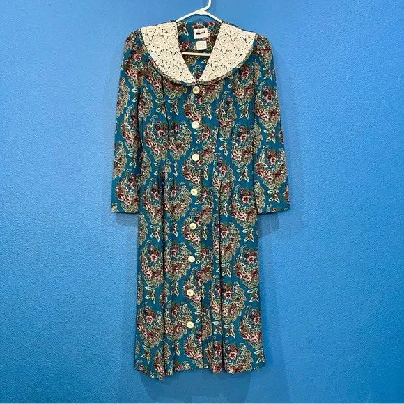 Leslie Fay | Dresses | Vintage 98s Leslie Fay Petites Blue Floral Button Up Dress  Lace Collar Size 8 | Poshmark
